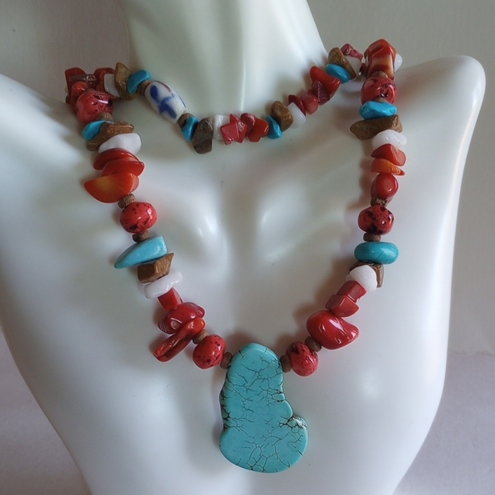 RED CORAL TURQUOISE LARGE NECKLACE 29" LONG 98 GR